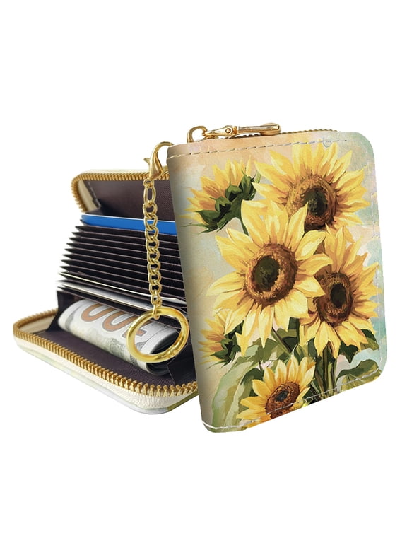 Sunflower PatternCredit Card Holder - RFID Wallet with Keychain Zipper PU Leather Small Card Case Wallet Accordion Gift with 12 Card Slots DIY