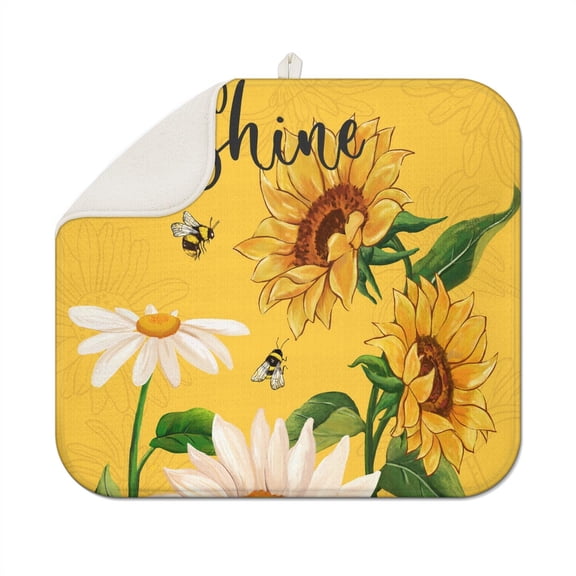 Sunflower Patterned Dish Drying Mat for Kitchen Sink, Microfiber Absorbent Pad, Foldable Rack Mat for Countertop, 16x18 Inch
