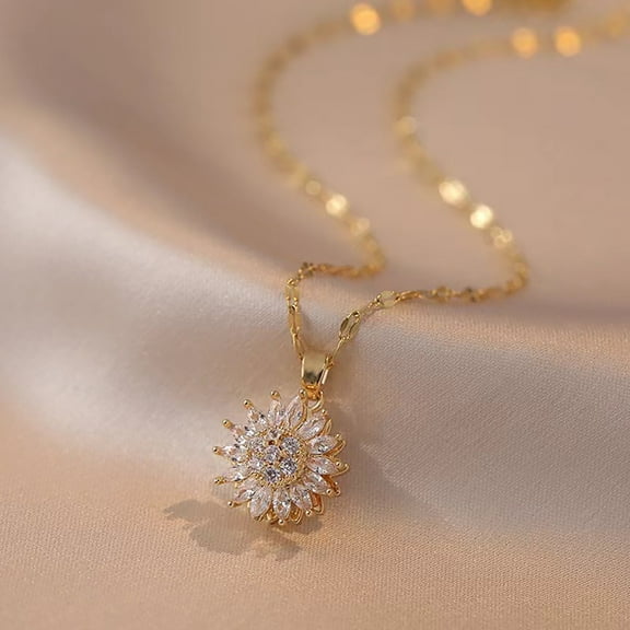 Sunflower Pendant Gold Necklace for Women, Rotating Necklace Spinning Crystal Valentines Gifts for Girlfriend, Mother