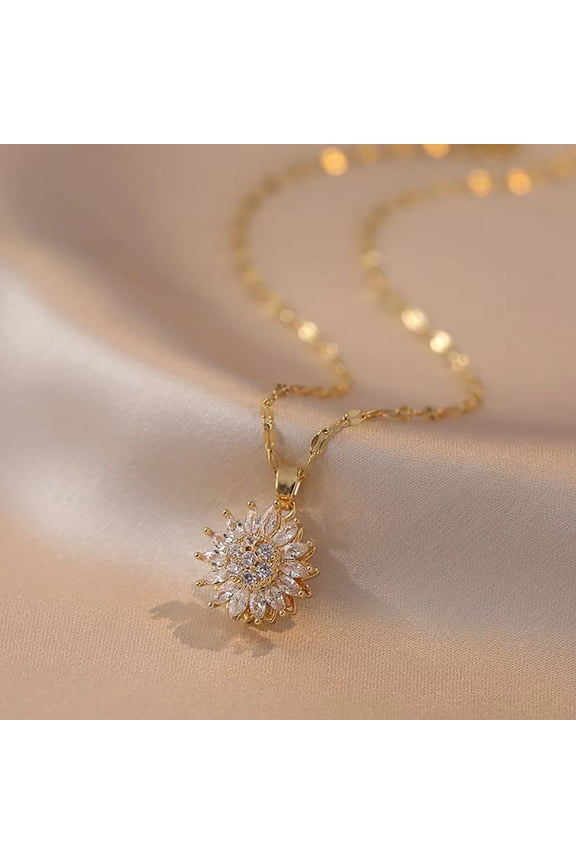 Sunflower Pendant Gold Necklace for Women, Rotating Necklace Spinning Crystal Valentines Gifts for Girlfriend, Mother