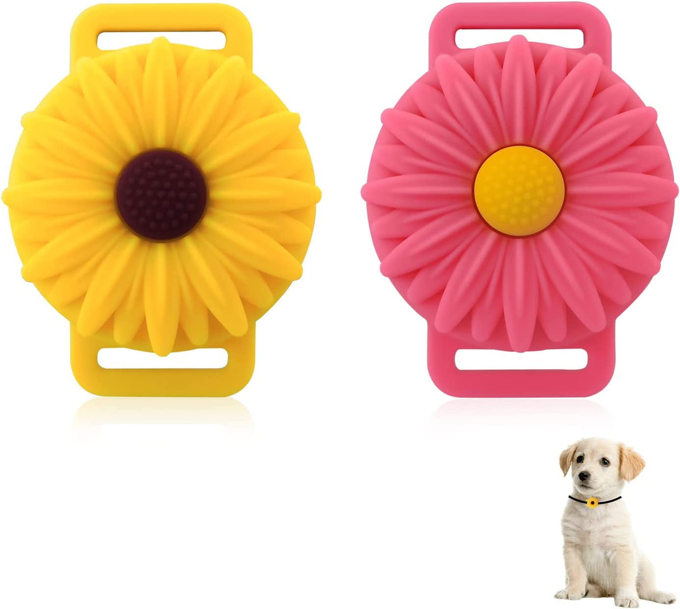 Sunflower Pet Apple AirTag Case for Collar, Durable Silicone AirTag Holder for Dogs and Cats Summer Anti-Lost AirTag Cover Suitable for AirTag 2021 (Yellow+Pink)