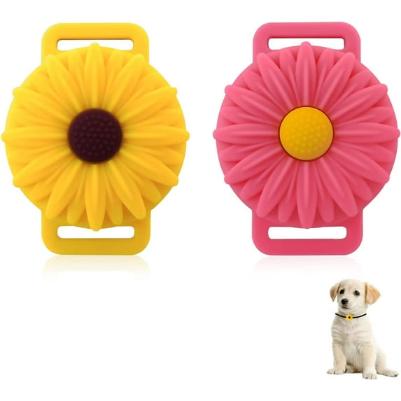Sunflower Pet Apple AirTag Case for Collar, Durable Silicone AirTag Holder for Dogs and Cats Summer Anti-Lost AirTag Cover Suitable for AirTag 2021 (Yellow+Pink)
