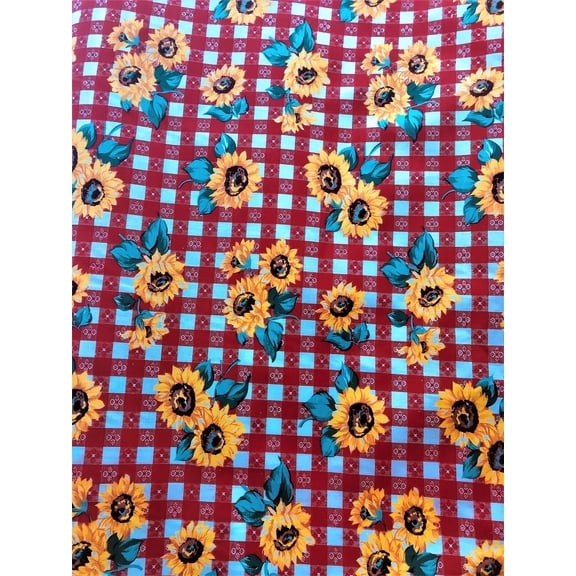 Sunflower Picnic Print, 60" wide, poly cotton, sells by the yard, Red