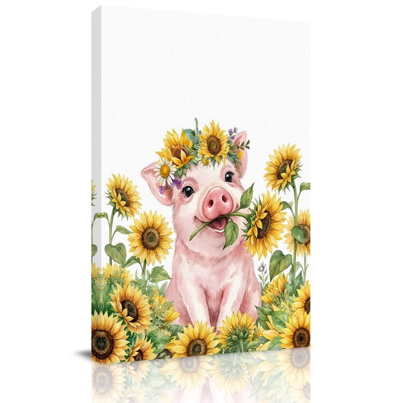 Sunflower Pig Canvas Wall Art for Living Room, Country Oil Painting Yellow Floral Pig Wall Decor Framed Artwork Pictures Ready to Hang for Bedroom Office Home Decor