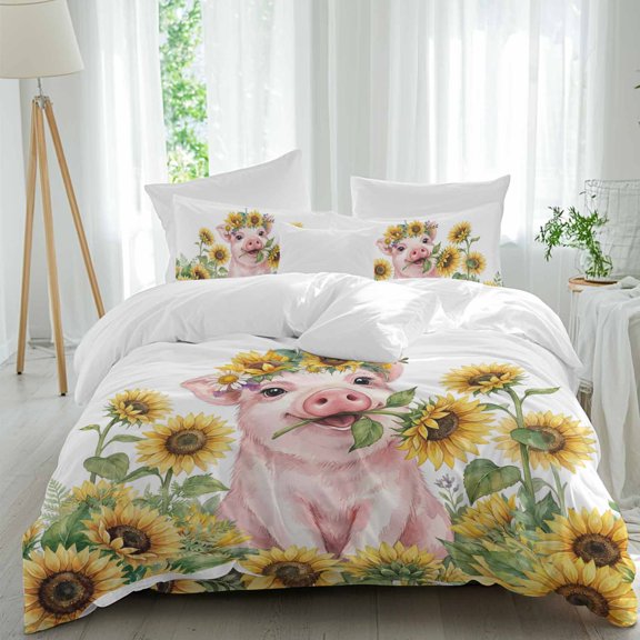 Sunflower Pig Comforter Set Full Size, Country Oil Painting Yellow Floral Pig Soft Bedding Set for Man Woman, 4 Pieces Duvet Cover Set with Fitted Sheet, 2 Pillowcases
