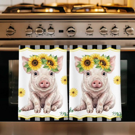 Sunflower Pig Kitchen Towels Set of 2, Summer Eucalyptus Black Buffalo Plaid Absorbent Dish Towels for Kitchen, Microfiber Hand Towel, Quick Drying Tea Towel for Cleaning Decorative Dishcloths