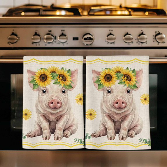 Sunflower Pig Kitchen Towels Set of 4, Summer Eucalyptus Retro Linen Texture Absorbent Dish Towels for Kitchen, Microfiber Hand Towel, Quick Drying Tea Towel for Cleaning Decorative Dishcloths
