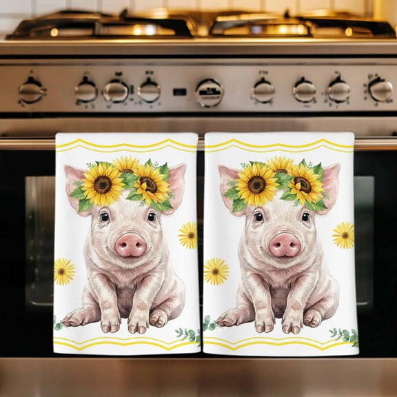 Sunflower Pig Kitchen Towels Set of 4, Summer Eucalyptus Yellow Lace Absorbent Dish Towels for Kitchen, Microfiber Hand Towel, Quick Drying Tea Towel for Cleaning Decorative Dishcloths