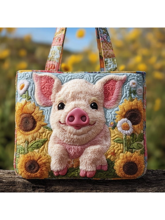 Sunflower Pig Quilted Tote Bag, Cute Farm Animal Pattern Shoulder Tote, Country Farmhouse Bag