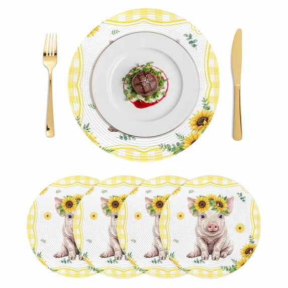 Sunflower Pig Round 13 Inch Placemats Set of 4, Summer Eucalyptus Yellow Plaid HeatResistant Non Slip Place Mats for Dining Table, Wipeable Braided Kitchen Table Mats for Housewarming