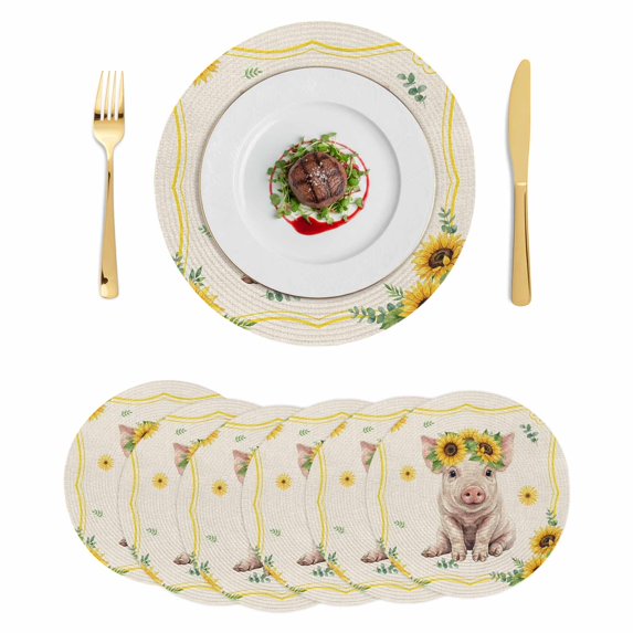 Sunflower Pig Round 13 Inch Placemats Set of 6, Summer Eucalyptus Retro Linen Texture HeatResistant Non Slip Place Mats for Dining Table, Wipeable Braided Kitchen Table Mats for Housewarming