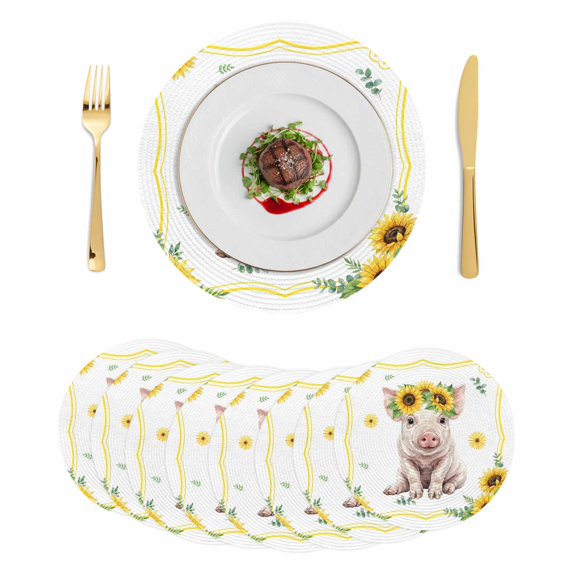 Sunflower Pig Round 13 Inch Placemats Set of 8, Summer Eucalyptus Yellow Lace HeatResistant Non Slip Place Mats for Dining Table, Wipeable Braided Kitchen Table Mats for Housewarming