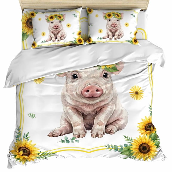 Sunflower Pig Set of 4 Bedding Quilt Covers, Summer Eucalyptus Yellow Lace 4-Piece Bed Sheet Set with Extra Soft Bed Sheets Quilt Cover Pillowcase, Queen