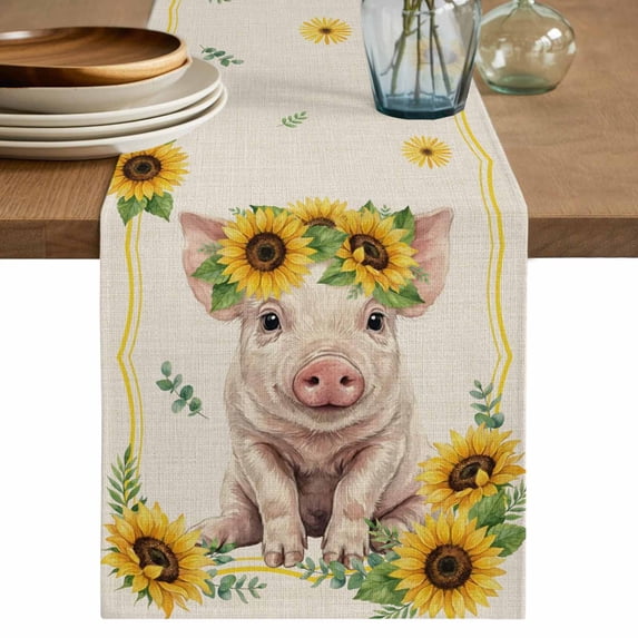 Sunflower Pig Table Runner 70 Inches, Summer Eucalyptus Retro Linen Texture Bed Runner Dresser Scarves Tabletop for Indoor Outdoor Parties/Ceremony/Banquet, 13" x 70"
