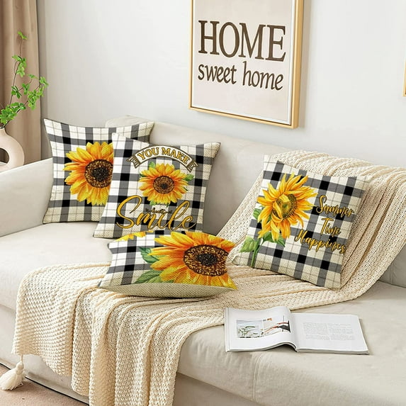 Sunflower Pillow Cover 18x18'' Black Yellow Decorative Throw Pillow Case Set of 4, Outdoor Sofa Couch Blue Buffalo Plaid Linen Farmhouse Sunflower Home Decor for Summer Fall Spring