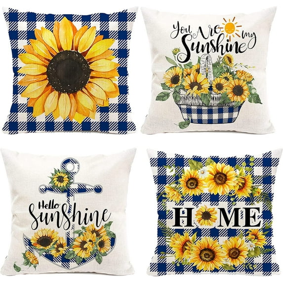 Sunflower Pillow Cover 18x18'' Decorative Throw Pillow Case Set of 4, Outdoor Sofa Couch Blue Buffalo Plaid Linen Farmhouse Sunflower Home Decor for Summer Fall Spring