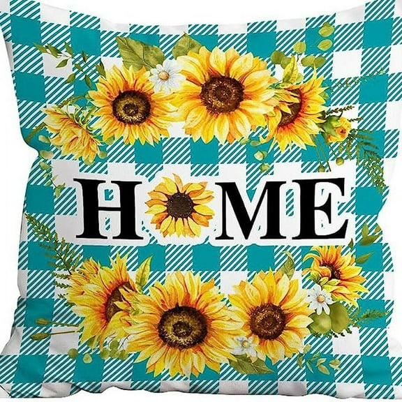 Sunflower Pillow Cover 18x18inch, Lake Blue Buffalo Plaid Throw Pillow Cover, Farmhouse Sunflower Decor for Home Outdoor Sofa Couch, Fall Flower Pillow Case