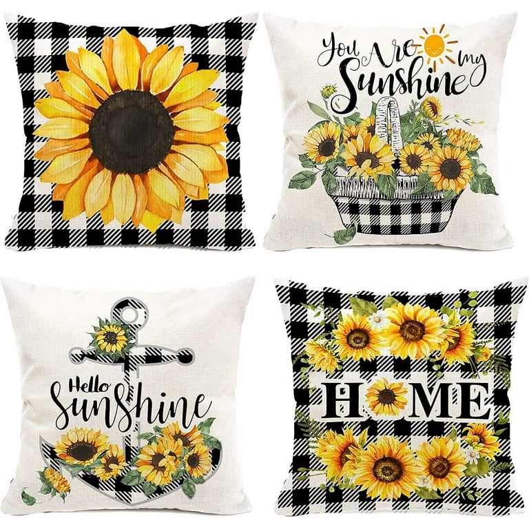 Set of 4 Pillow Covers 18x18, Country Sunflowers Farmhouse Cotton Linen  Fabric, Retro Yellow Flower with