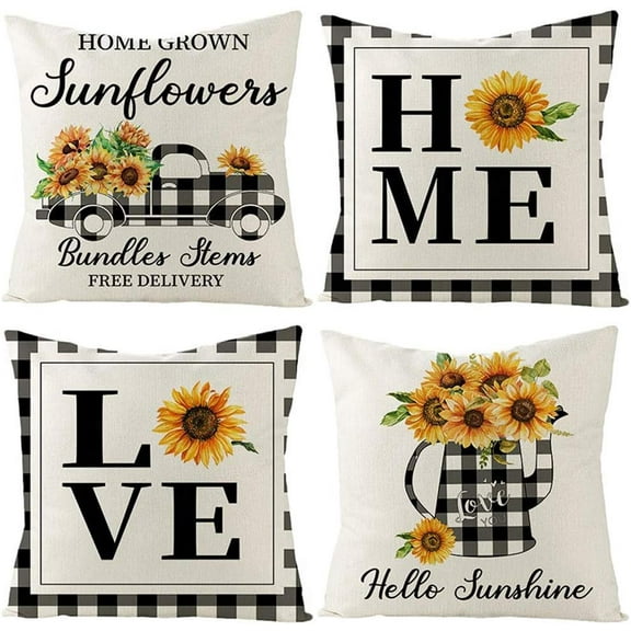 Sunflower Pillow Covers 16x 16 Set of 4 Summer Decorative Rustic Buffalo Plaid Farmhouse Thorw Pillow Covers for Spring Summer Indoor Outdoor Sofa Living Room Paito Décor (16"x16")