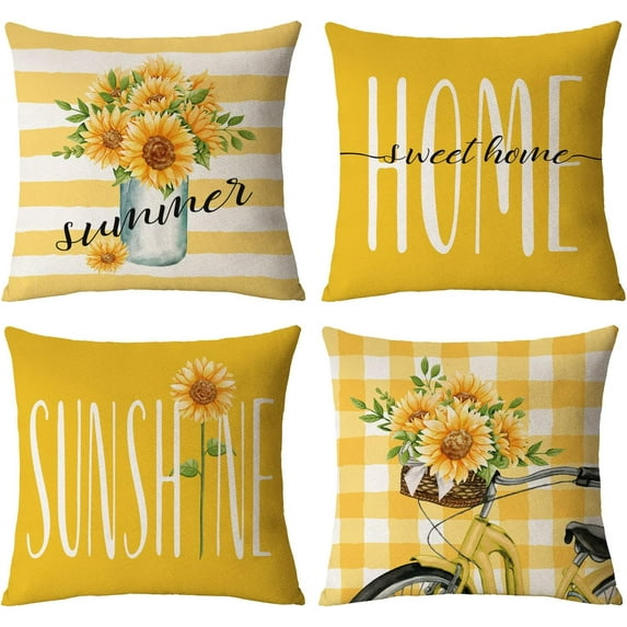 Sunflower Pillow Covers 16x16 Set of 4 Summer Throw Pillow Covers Yellow Flower Pillow Covers Cushion Covers Square Cotton Linen Pillow Cases for Couch Sofa Patio Outdoor Home Decorations(16 Inch)