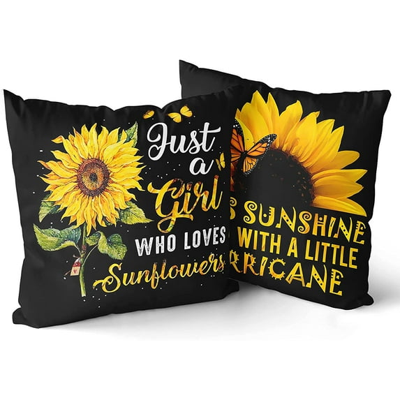 Sunflower Pillow Covers 18X18 In Just A Girl Love Sunflowers Sunshine Butterfly Black Yellow Throw Pillow Case Decorative Couch Pillows with Zipper Set of 2 Sunflower Gift for Girlfriend Wife Sister