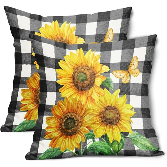 Sunflower Pillow Covers 18x18 Inch Spring Summer Floral Decorative Throw Pillow Case Black and White Buffalo Plaid Cushion Cover Set of 2 Home Decor for Bedroom Sofa Living Room Couch Chair Outdoor