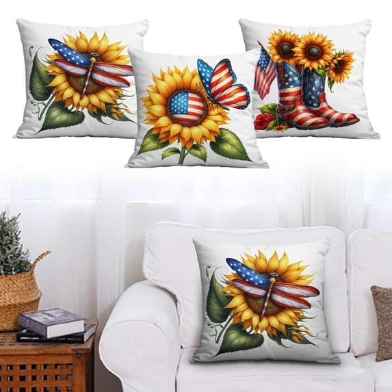 Sunflower Pillow Covers 18x18 Linen Patriotic Summer Throw Pillow Case Independence Day Decorative Cushion Cover for Sofa Couch Home Decor by PALIFEUR