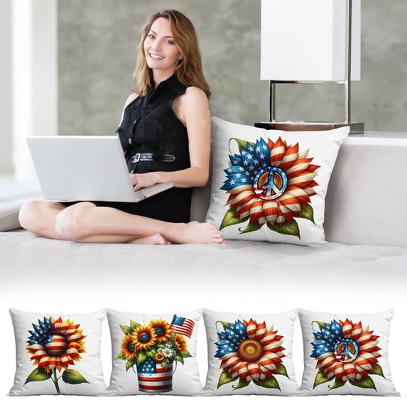 Sunflower Pillow Covers 18x18 Linen Patriotic Summer Throw Pillow Case Independence Day Decorative Cushion Cover for Sofa Couch Home Decor by PALIFEUR