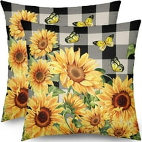 Sunflower Pillow Covers 18x18 Set of 2 Yellow Floral Butterfly Spring Summer Buffalo Plaid Outdoor Decorative Throw Pillows Farmhouse Pillowcases Linen Cushion Case Decor for Home Sofa Couch Bed