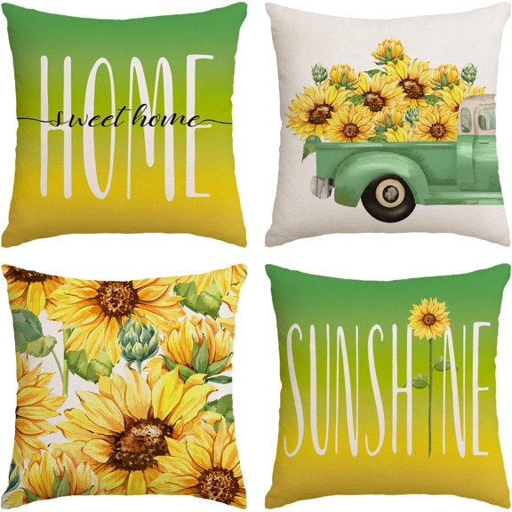 Sunflower Pillow Covers 18x18 Set of 4 Summer Throw Pillow Covers Yellow Flower Pillow Covers Cushion Covers Square Cotton Linen Pillow Cases for Couch Sofa Patio Outdoor Home Decorations(18 Inch)