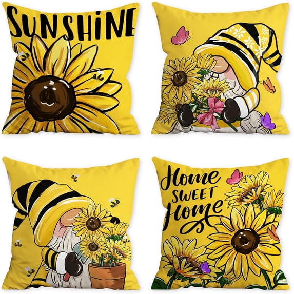 Sunflower Pillow Covers 18x18 Set of 4, Sunflower Decor Gnomes Pillow Covers, Sunflower Decorations Yellow Gnomes Throw Pillow Covers for Couch Sofa Living Room Indoor Outdoor