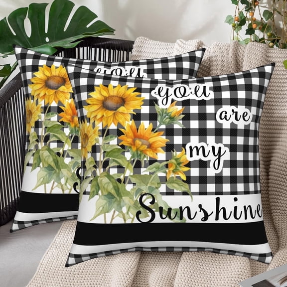 Black White Buffalo Check Plaid Sunflower Pillow Covers 18x18 Set of 2 Double-Sided Hello Sunshine Rustic Farmhouse Decorative Throw Pillowcases