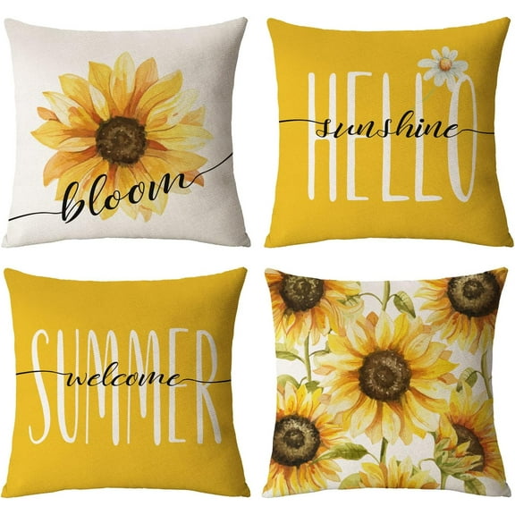 Sunflower Pillow Covers 20x20 Set of 4 Summer Throw Pillow Covers Yellow Flower Pillow Covers Cushion Covers Square Cotton Linen Pillow Cases for Couch Sofa Patio Outdoor Home Decorations(20 Inch)