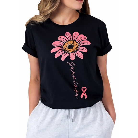Sunflower Pink Ribbon Breast Cancer Survivor Awareness Women T-Shirt