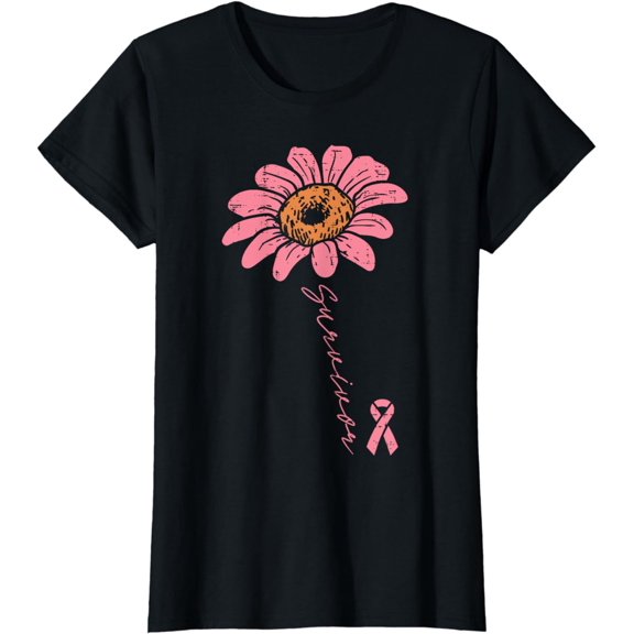 Sunflower Pink Ribbon Breast Cancer Survivor Awareness Women T-Shirt