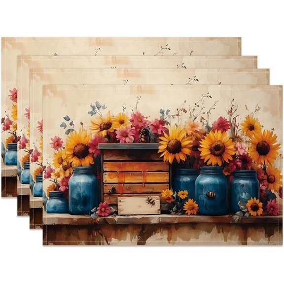 Sunflower Place Mat Set of 6 - Butterfly Honey Box Vintage Rustic Gnome Table Mats for Holiday Home Kitchen Decoration - 12x18 Inch