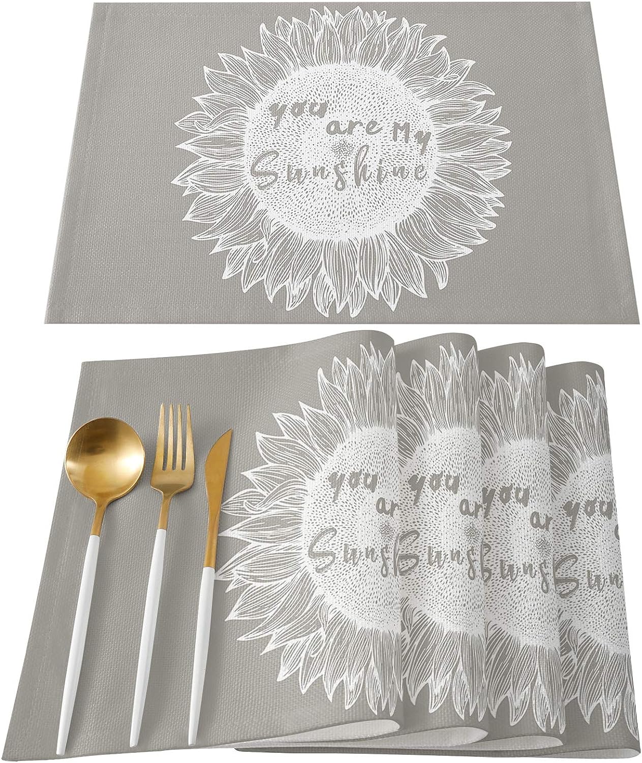 Sunflower Placemat Set of 6 Natural Fabric Placemats, Machine Washable