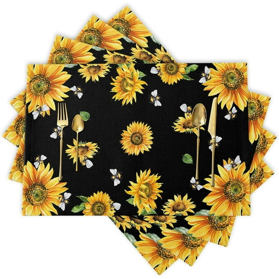 Sunflower Placemats, Bee Sunflower Placemats for Dining Table, Sunshine Floral Placemats Set of 4, Heat-Resistant Washable Place Mats, Kitchen Table Mats for Party, Sunflower Kitchen Decor Placemats