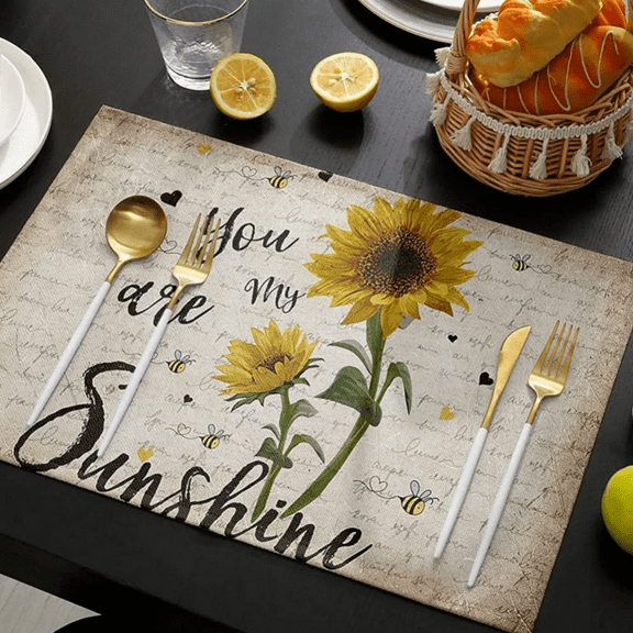 Sunflower Placemats, Cotton Linen Heat Resistant Table Mats Non-Slip Washable Vintage Sunflower Bees You are My Sunshine Placemat for Holiday Banquet Dining Table Kitchen Decor12.6*17.7IN
