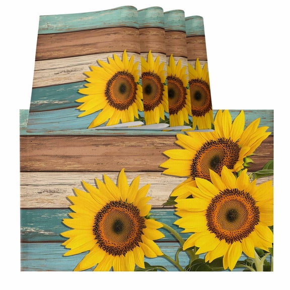 Sunflower Placemats for Dinning Table Set of 4,Yellow Spring Flora Botanical Teal Brown Wooden Burlap Kitchen Place Mats Waterproof Cloth Table Mats,Indoor Outdoor Placemats Easy Clean Dinner Decor