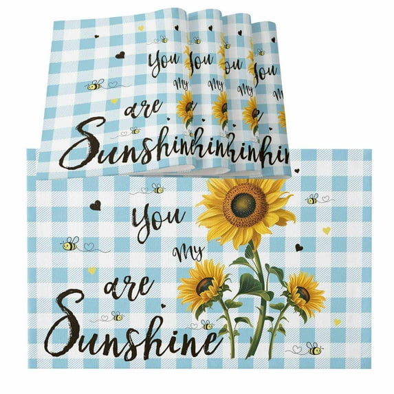 Sunflower Placemats for Dinning Table Set of 6, Blue Plaid Farmhouse You Are My Sunshine Burlap Kitchen Place Mats Waterproof Cloth Table Mats, Indoor Outdoor Placemats Easy Clean Dinner Decor