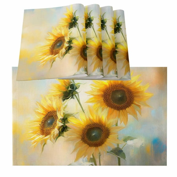 Sunflower Placemats for Dinning Table Set of 6, Watercolor Yellow Floral Botanical Burlap Kitchen Place Mats Waterproof Cloth Table Mats, Indoor Outdoor Placemats Easy Clean Dinner Decor