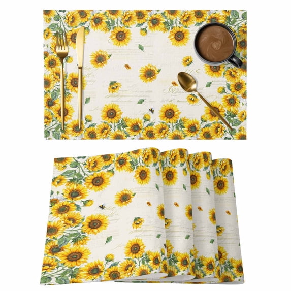 Sunflower Placemats Set of 12, Farm Botanical Floral Retro Bee Placemats for Dining Table, Place Mats for Kitchen Tabletop, Waterproof Wipeable Dining Table Mats Set