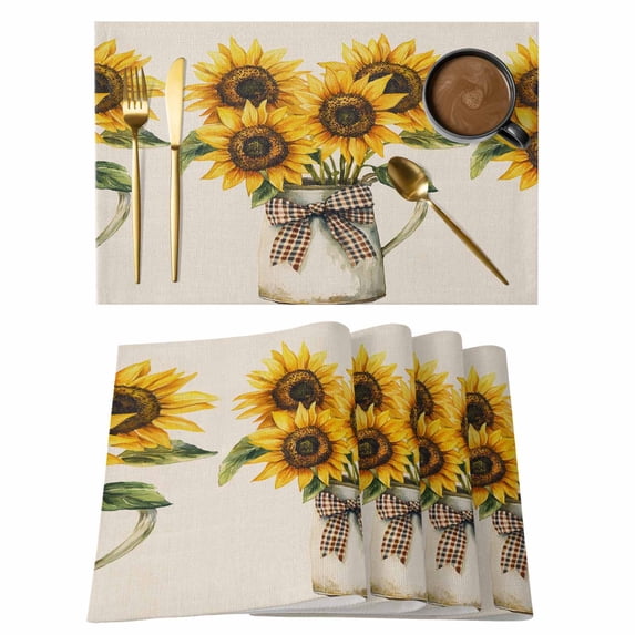 Sunflower Placemats Set of 12 Farm Floral Watercolor Plaid Botanicals Place Mats Indoor Wipeable Table Mats Washable Cloth Dining Table Placemats for Kitchen Holiday Party Home Decor 13x19 Inch