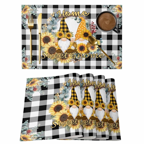 Sunflower Placemats Set of 12, Gnomes Black White Checkered Farmhouse Placemats for Dining Table, Place Mats for Kitchen Tabletop, Waterproof Wipeable Dining Table Mats Set