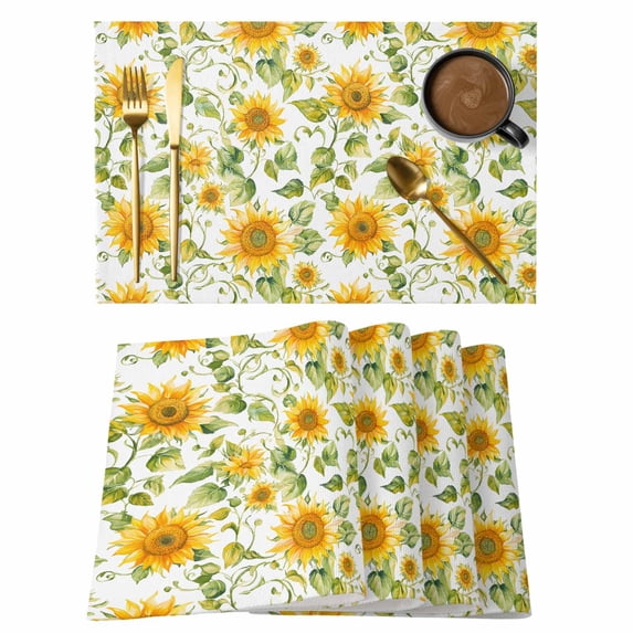 Sunflower Placemats Set of 12, Summer Yellow Floral Green Leaf Watercolor Country Non-Slip Place Mats Washable Table Mats for Kitchen Dining Table Decorations Indoor/Outdoor