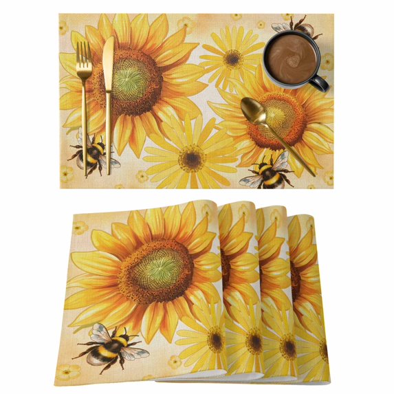 Sunflower Placemats Set of 12, Yellow Floral Elegant Pastoral Flowers Rustic Placemats for Dining Table, Place Mats for Kitchen Tabletop, Waterproof Wipeable Dining Table Mats Set