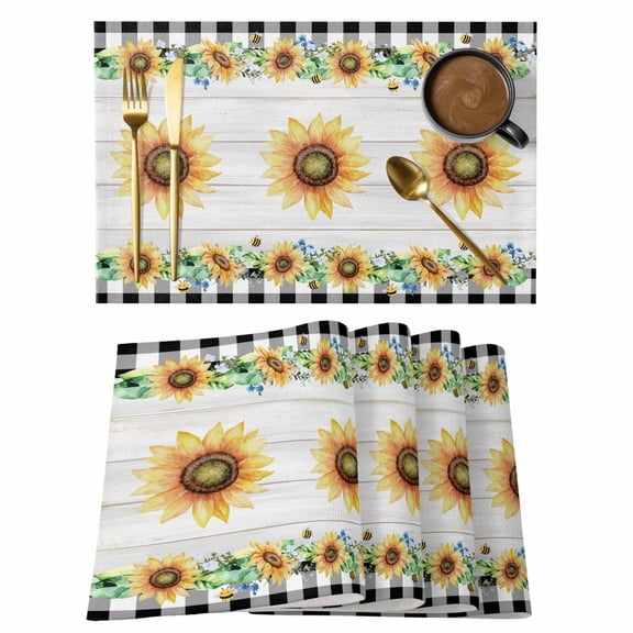 Sunflower Placemats Set of 12, Yellow Floral Summer Botanical Wooden Checkered Placemats for Dining Table, Place Mats for Kitchen Tabletop, Waterproof Wipeable Dining Table Mats Set