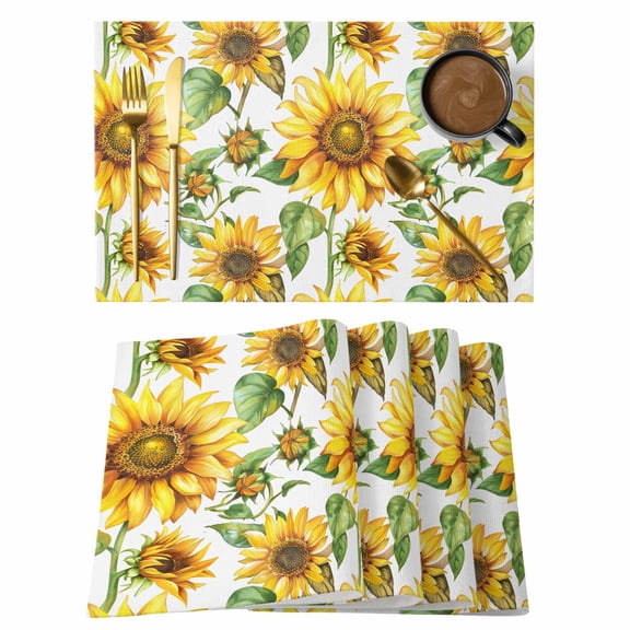 Sunflower Placemats Set of 4, Cotton Linen Fabric Place Mats, Yellow Green Botanical Summer Rustic Washable Decorative Table Mats Protector for Home Kitchen Dining Wedding Party Coffee Tables