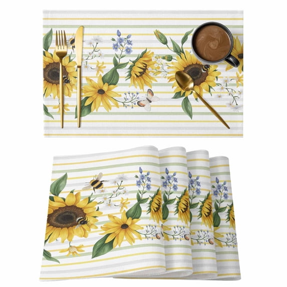 Sunflower Placemats Set of 4, Country Botanical Floral Butterfly Bee Striped Placemats for Dining Table, Place Mats for Kitchen Tabletop, Waterproof Wipeable Dining Table Mats Set